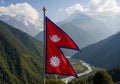Nepalese landscape features a triangular flag of Nepal, Royalty Free Stock Photo