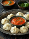 Nepalese momo on a steamer tray, served with a tomato-based dipping sauce. A traditional and flavorful dish from Nepal. Royalty Free Stock Photo