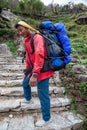 Nepalese porter carrying heavy load. Royalty Free Stock Photo