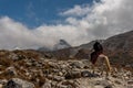 Nepalese sit on horse with beautiful view of everest base camp r