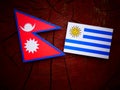 Nepali flag with Uruguaian flag on a tree stump isolated Royalty Free Stock Photo