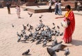 A nepali lady in traditional cloth and yellow garland feeding the pigeons