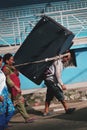 Nepali Man Carry Heavy Sofa Crossing Thamel Street