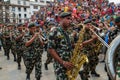 Nepali military musicians perform at Indra Jatra in Kathmandu, N