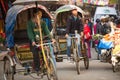 Nepali rickshaw in historic center of city,in Kathmandu, Nepal.