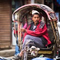Nepali rickshaw in historic center of city. Largest city of Nepal, its historic center, a population of over 1 million people.