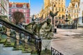 Neptune bronze statue fountain at Dluga Long Market street Dlugi targ square, City Hall with spire, facade of beautiful typical co Royalty Free Stock Photo