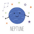 Neptune planet. Planet with hands and eyes. Vector illustration for children on white isolated background