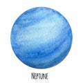 Neptune Planet of the Solar System watercolor isolated illustration on white background. Outer Space planet hand drawn