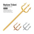 Neptune Trident Vector. Realistic 3D Silhouette Of Poseidon Weapon. Gold, Silver, Bronze. Pitchfork Sharp Fork Object