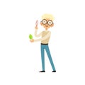 Nerd boy looking at green leaf with magnifying glass. Funny blond kid character in glasses, sweater and blue jeans