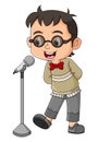 The nerd boy is singing cutely with a standing microphone on stage Royalty Free Stock Photo