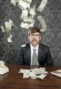 Nerd businessman retro office flying dollar note Royalty Free Stock Photo