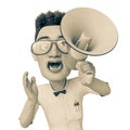 Nerd cartoon protesting and talking through megaphone Royalty Free Stock Photo