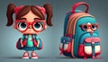 Nerd child wearing big glasses and backpack on color background. Generative AI