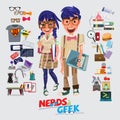nerd and geek character design. male and female with graphic element - vector