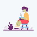 A nerd girl sitting on a chair and holing a pot with a plant in her hands. Color illustration.