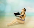 Nerd girl take sun on the beach Royalty Free Stock Photo