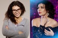 Before after. Nerd girl turns into a beauty queen. Ugly duck. Beauty and success. Transfiguration of the ordinary in a stylish bea Royalty Free Stock Photo