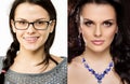 Before after. Nerd girl turns into a beauty queen. Ugly duck. Beauty and success. Transfiguration of the ordinary in a stylish bea Royalty Free Stock Photo