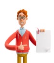 3d illustration. Nerd Larry with document. Royalty Free Stock Photo