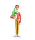 3d illustration. Nerd Larry with home plant.