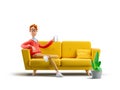 3d illustration. Nerd Larry sitting on the couch with the phone.