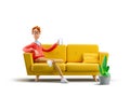 3d illustration. Nerd Larry sitting on the couch with the phone. Royalty Free Stock Photo