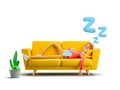 3d illustration. Nerd Larry sleeping on a yellow sofa. Royalty Free Stock Photo