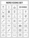 33 Nerd Line Art Icon Set On Grey And White Square