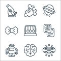 Nerd line icons. linear set. quality vector line set such as brackets, brain, robot, playing cards, newtons cradle, bow, ufo,