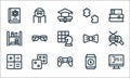 Nerd line icons. linear set. quality vector line set such as coding, game controller, calculator, energy drink, dices, library,