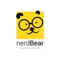 Nerd logo design template with cartoon face bear in eye glasses on a background