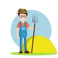 Village farmer with a pitchfork. Cartoon flat illustration