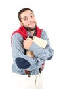 Nerd posing with books isolated in white