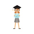 Nerd schoolgirl standing with arms crossed in student cap. Cartoon kid character in glasses, blue blouse and gray skirt