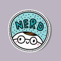 Nerd sticker hand drawn vector illustration in cartoon style. Cute boy in glasses on turquoise background