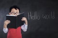 Nerd student with text Hello World