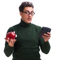 Nerd young man with piggybank isolated on white Royalty Free Stock Photo