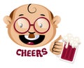 Nerdy human emoji holding a glass of beer, illustration, vector