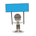 Nerdy kid with glasses and shorts holding up sign