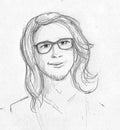 Nerdy long haired man - pencil sketch