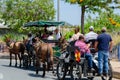 NERJA, SPAIN - 15 MAY 2022 Local people in colourful costumes participating in one of the most beautiful fiestas in Axarquia, the