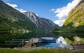 Neroy fjord landscape with small wooden boats. Royalty Free Stock Photo