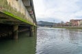 NerviÃ³n river with little water with the road pillars visible.  Bilbao-Basque country-Spain Royalty Free Stock Photo