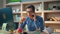 Nervous business man calling phone at office closeup. Angry freelancer gesturing Royalty Free Stock Photo