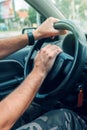 Nervous male driver pushing car horn in traffic rush hour Royalty Free Stock Photo