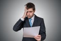 Nervous man is afraid of public speech and sweating Royalty Free Stock Photo