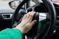 Nervous man driver pushing car horn Royalty Free Stock Photo