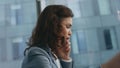 Nervous manager shouting cellphone at modern office closeup. Woman arguing phone Royalty Free Stock Photo